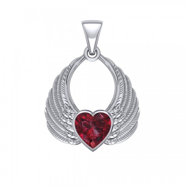 Gemstone Heart Angel Wings Silver Pendant