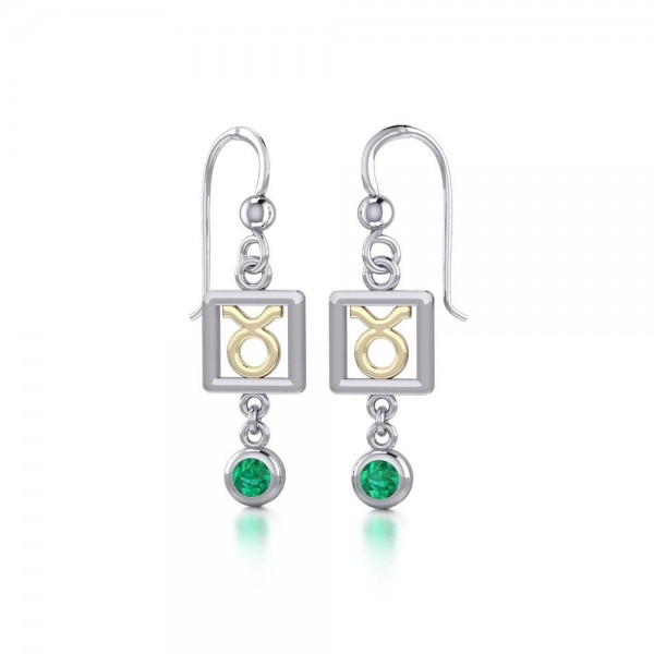 Taurus Zodiac Sign Silver and Gold Earrings Jewelry with Emerald