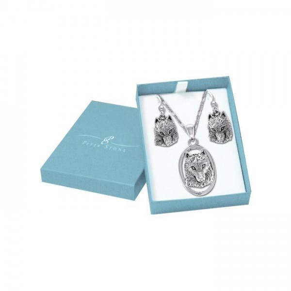 Beyond the wolf majestic presence Silver Pendant Chain and Earrings Box Set
