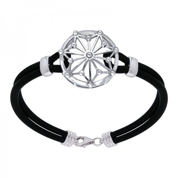 Round Tetragram Energy Symbol Silver Medallion Rubber Bracelet
