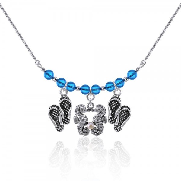 Double Seahorse and Beach Flip Flops Silver Bead Necklace