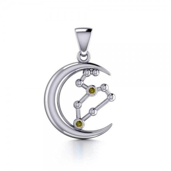 Crescent Moon and Leo Astrology Constellation Silver Pendant