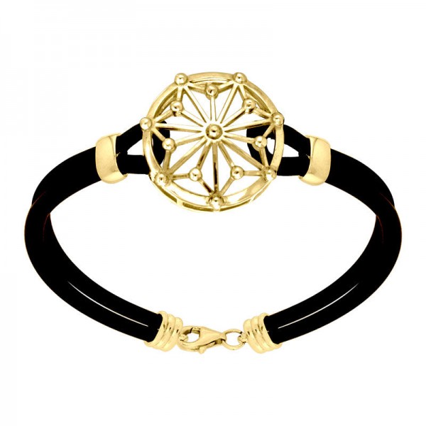 Round Tetragram Energy Symbol Gold Vermeil Plate on Silver Medallion Rubber Bracelet