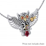 Steampunk Owl Silver and Gold Pendant with Gemstone