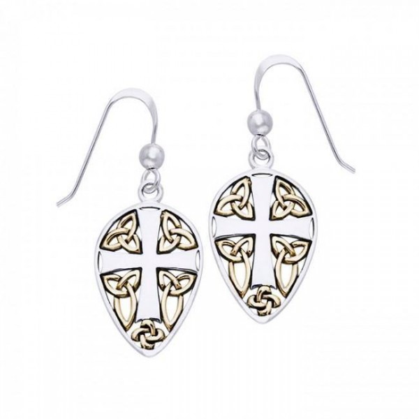 Celtic Knotwork Cross Shield ~ Sterling Silver Hook Earrings Jewelry with 14k Gold Accent