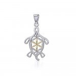 Turtle with Flower of Life Shell Silver and Gold Pendant