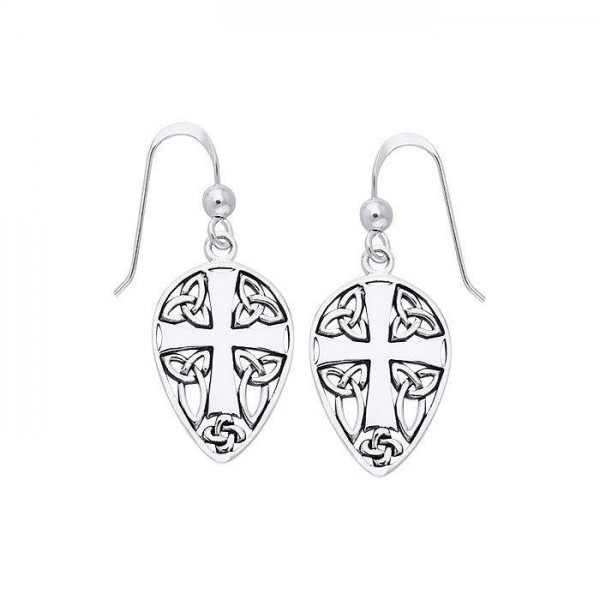 Celtic Knotwork Cross Shield Silver Earrings
