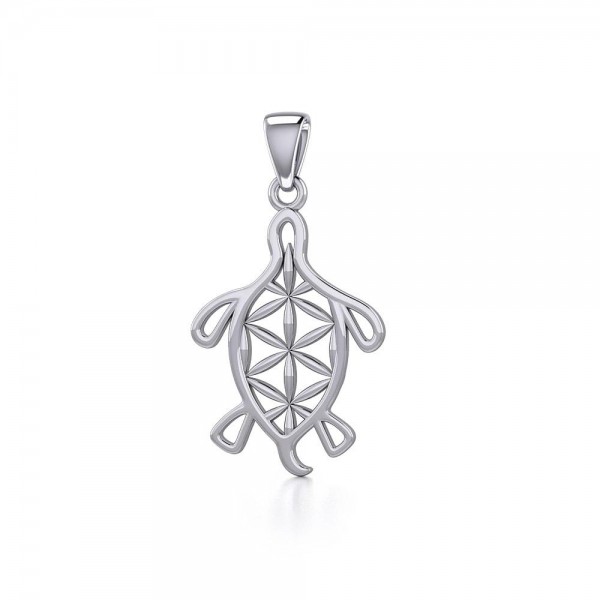Turtle with Flower of Life Shell Silver Pendant