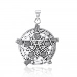 Universe Broom with pentacle Silver Pendant
