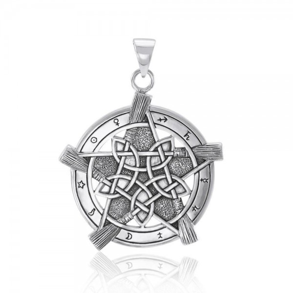 Universe Broom with pentacle Silver Pendant