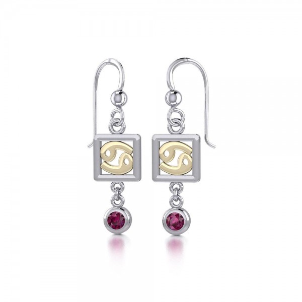 Cancer Zodiac Sign Silver and Gold Earrings Jewelry with Ruby