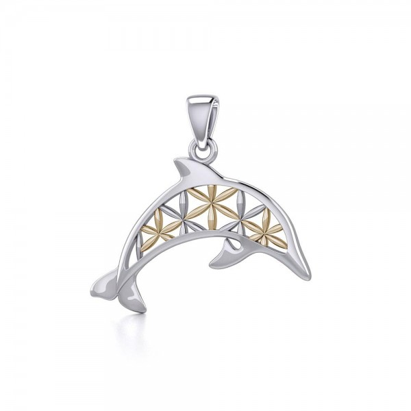 Swimming Dolphin with Flower of Life Silver and Gold Pendant