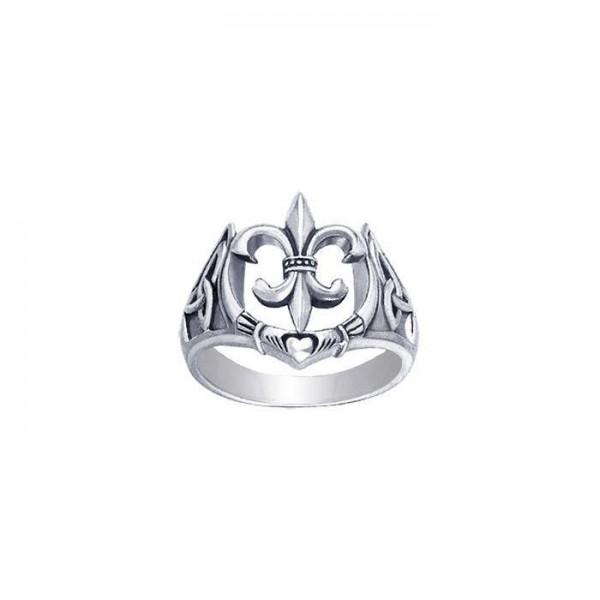 A powerful combination of Celtic elements ~ Sterling Silver Jewelry Ring in Fleur-de-Lis and Claddagh