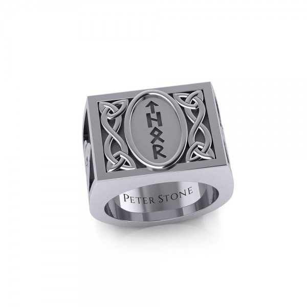 Viking God Thor Runic Silver Signet Men Ring with Triquetra Design