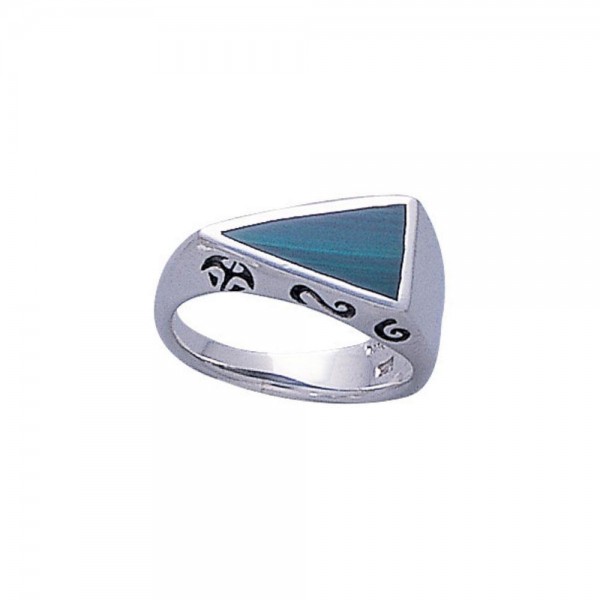 Modern Triangle Inlaid Silver Ring with Side Motif