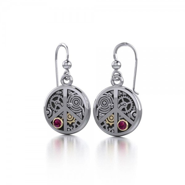 Peace Sign Steampunk Silver and Gold Accent Earrings