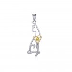 Lovely Heart Cat Silver and Gold Pendant with Gem