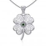 Lucky Celtic Four Leaf Clover Silver Pendant with Gemstone