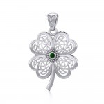 Lucky Celtic Four Leaf Clover Silver Pendant with Gemstone