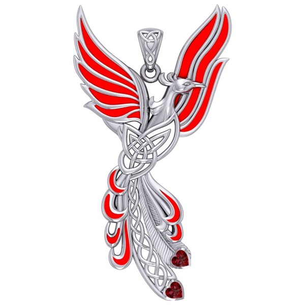 Celtic Phoenix Silver Pendant with Gems and Enamel