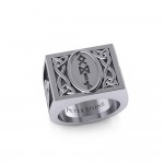 Viking God Odin Runic Silver Signet Men Ring with Triquetra Design