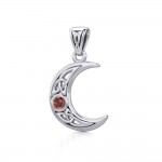 Small Celtic Crescent Moon Silver Pendant with Gemstone