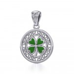 Lucky Celtic Four Leaf Clover Silver Pendant with Enamel