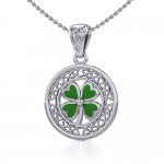 Lucky Celtic Four Leaf Clover Silver Pendant with Enamel