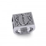 Viking God Loki Runic Silver Signet Men Ring with Triquetra Design