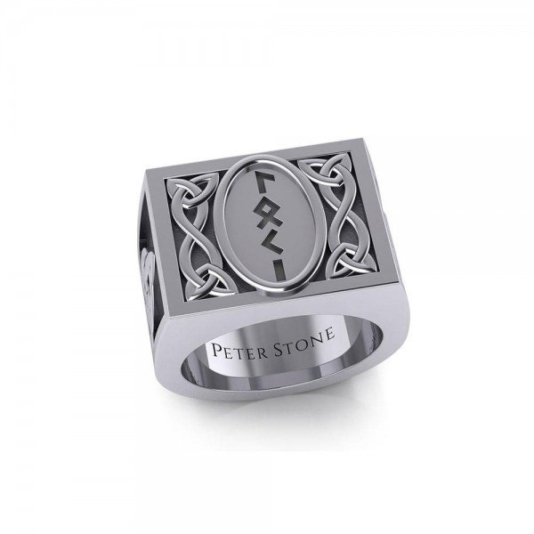 Viking God Loki Runic Silver Signet Men Ring with Triquetra Design
