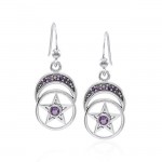 Gemstone Moon and Pentacle Silver Earrings