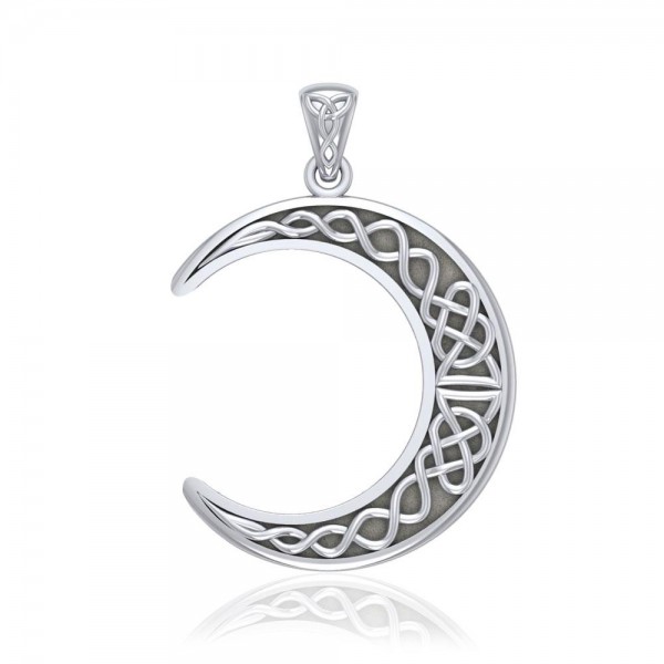 Large Celtic Crescent Moon Silver Pendant