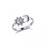 Gemstone Flower with Crescent Moon Silver Ring