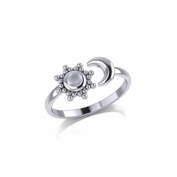 Gemstone Flower with Crescent Moon Silver Ring