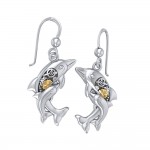 Concerted happiness with the twin dolphins ~ Sterling Silver Steampunk Hook Earrings with 14k Gold accent