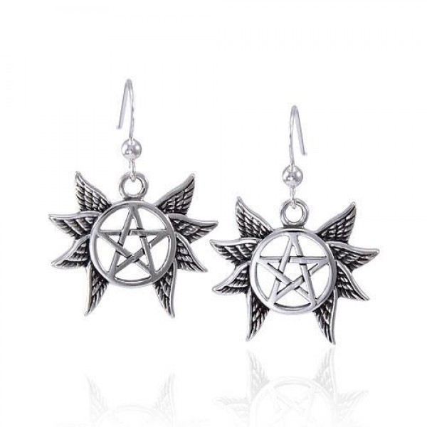 Winged Pentagram Silver Earrings