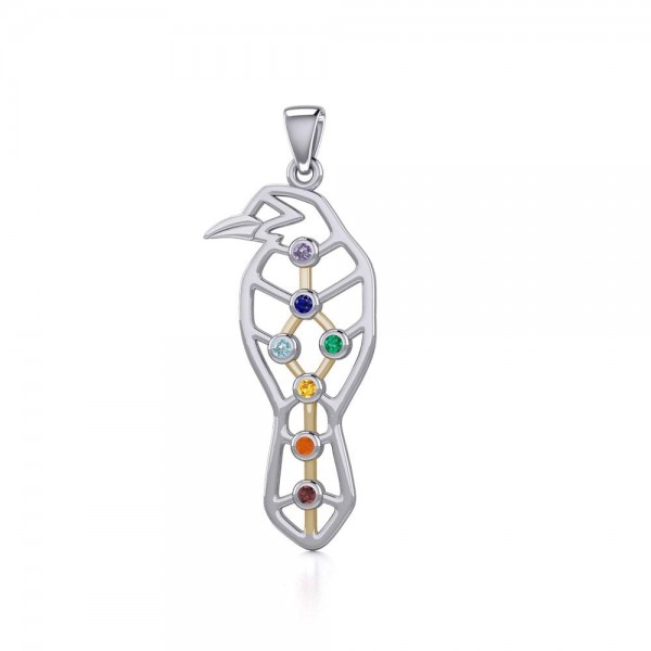 Geometric Raven Silver and Gold Pendant with Chakra Gemstone