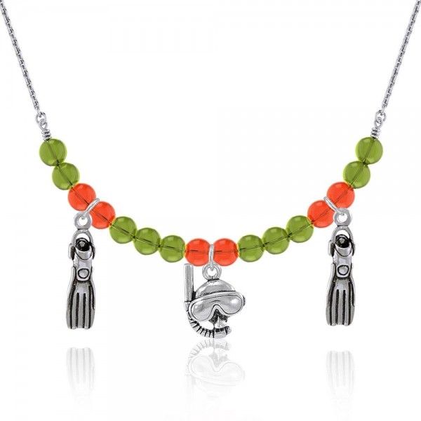 Silver Dive Mask and Fins multi color Bead Necklace