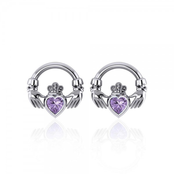 Love in the present moment ~ Celtic Knotwork Claddagh Sterling Silver Post Earrings with Gemstone