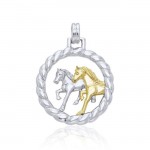 The strength in pair ~ Sterling Silver Friesian Horses in Rope Braid Pendant Jewelry with 14k Gold Accent