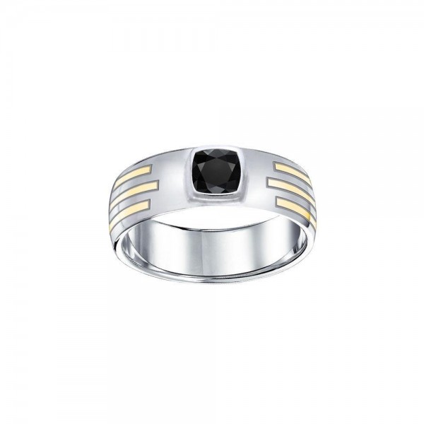 Black Magic Rectangle Solitare Silver & Gold Ring