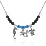 Silver Seahorse Starfish and Turtles Silver Bead Necklace