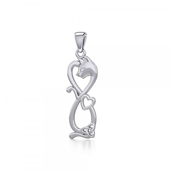Infinity Cat with Heart and Celtic Trinity Knot Silver Pendant