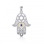 Hamsa Silver and Gold Pendant with Gemstone MPD5079-Sapphire