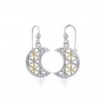 The Flower of Life in Crescent Moon Silver and Gold Earrings