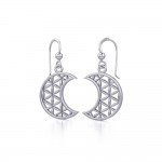 The Flower of Life in Crescent Moon Silver Earrings