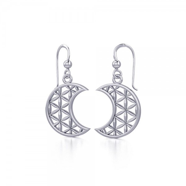 The Flower of Life in Crescent Moon Silver Earrings