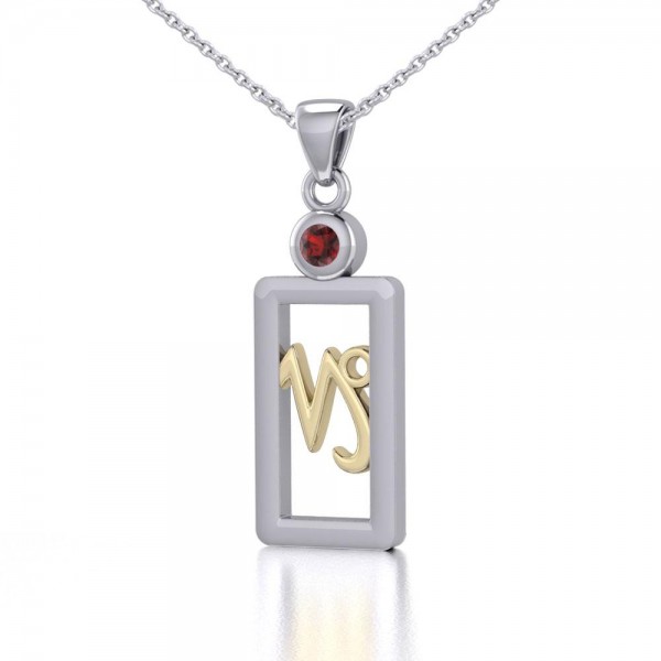 Capricorn Zodiac Sign Silver and Gold Pendant with Garnet and Chain Jewelry Set
