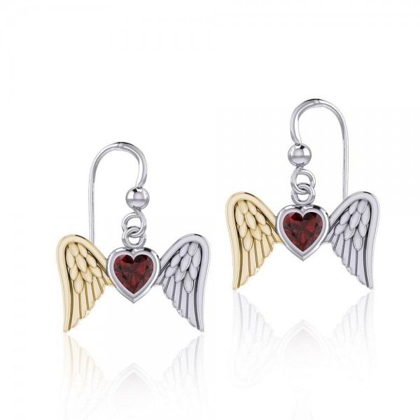 Gemstone Heart and Flying Angel Wings Silver and Gold Earrings