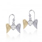 Gemstone Heart and Flying Angel Wings Silver and Gold Earrings